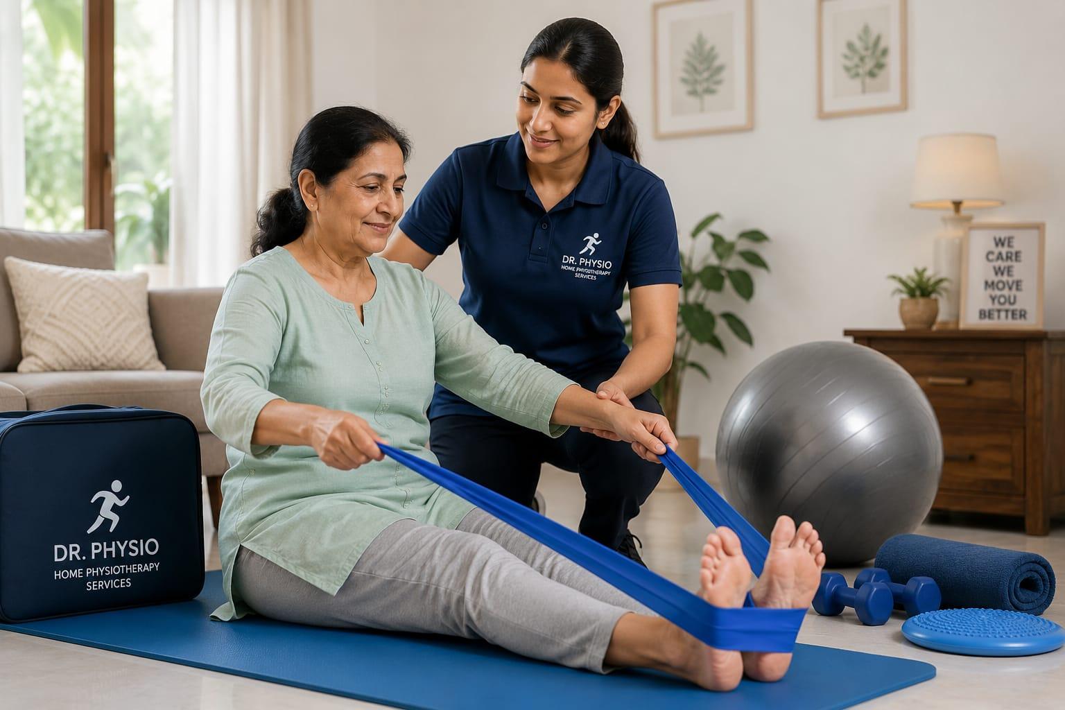 Physiotherapist performing manual therapy on patient's shoulder during home physiotherapy session