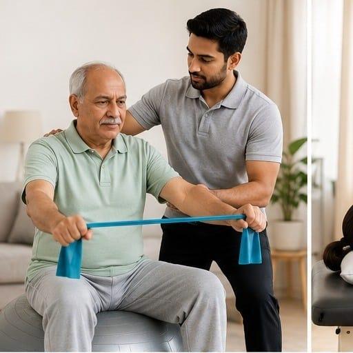 Physiotherapist supporting patient with neurological rehabilitation and balance training at home