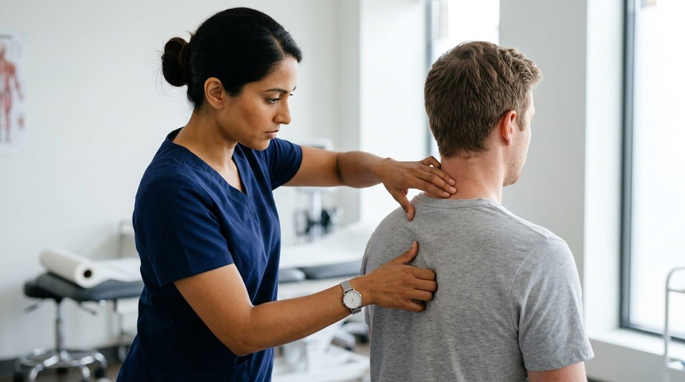 Physiotherapist conducting ergonomic assessment for work-from-home setup, posture correction guidance